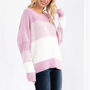 Pink and White Striped Women's Sweater